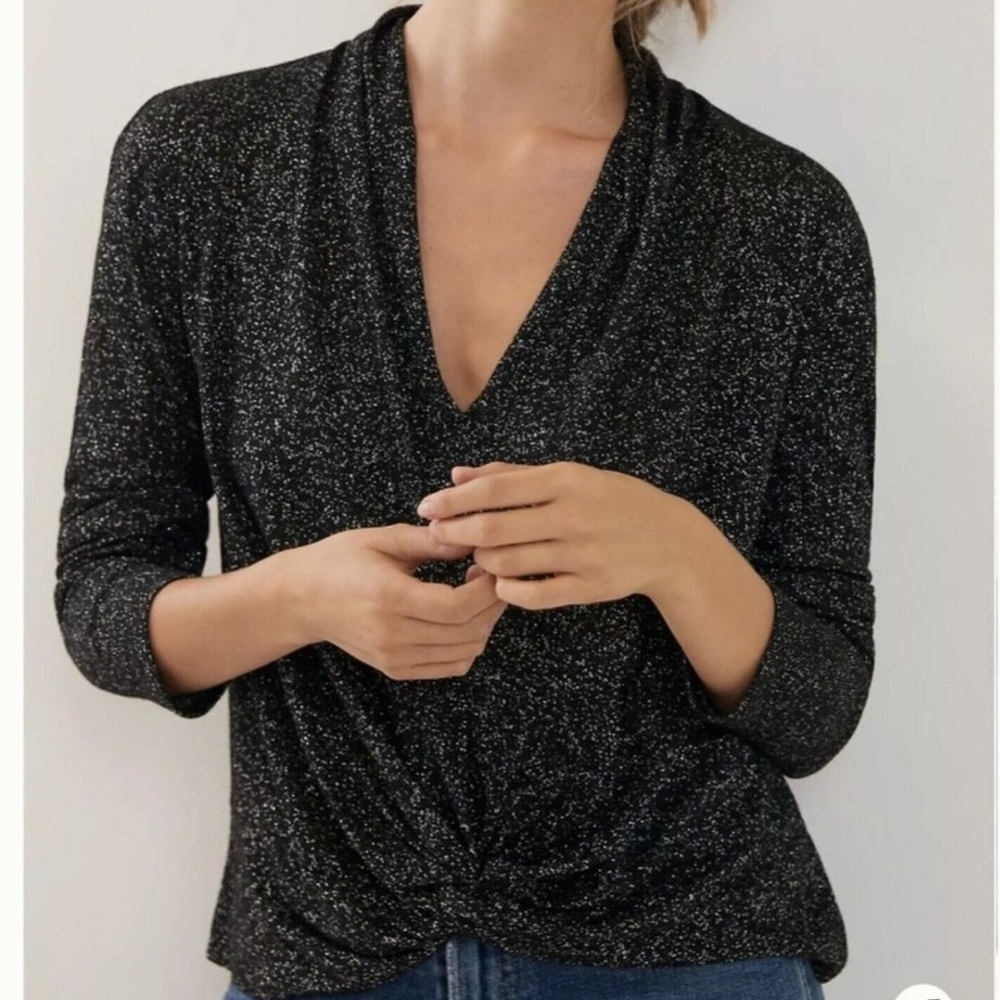 Sanctuary Sparkle Top Black Silver Knot Plunge VNeck Drape Blouse Size Small